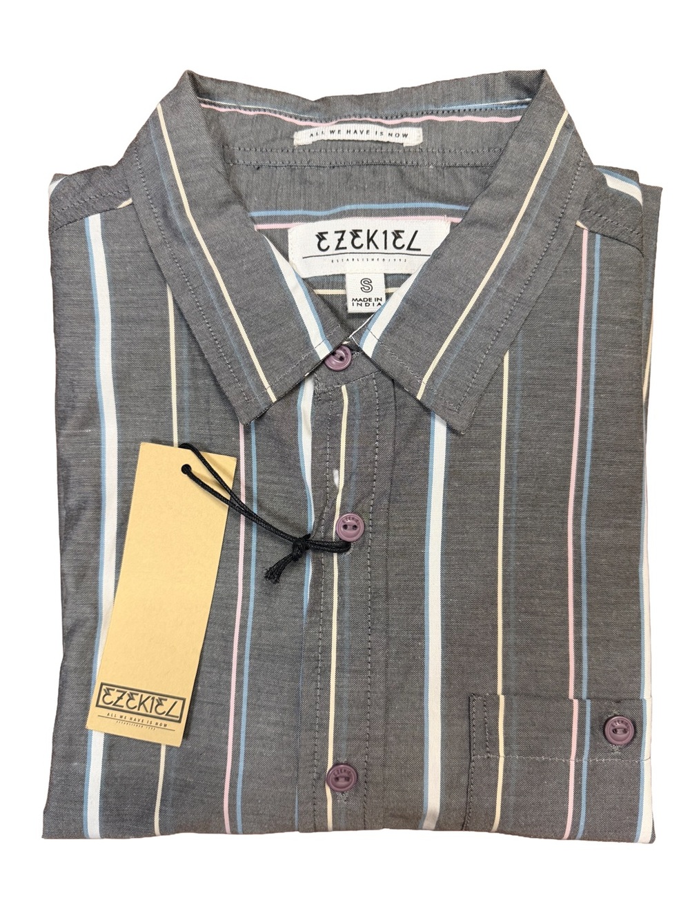 Ezekiel Gray and White Vertical Stripe Short Sleeve Button-Up